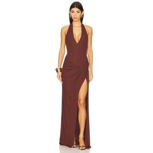Michael Costello X REVOLVE Aura Chocolate Brown Stretch Bodysuit Halter Gown L
